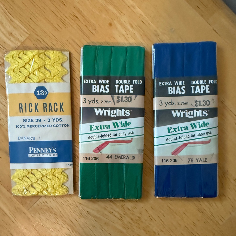 Lot of 2 Ex. Wide Bias Tap-Yale Blue & Emerald Green and 1 Yellow Rick Rack New